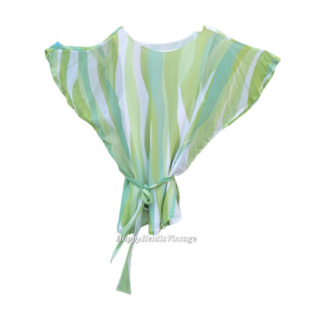 Vintage‎ Silk Wavy Green Chartreuse Stripe Boat Neck Raglan 3/4 Sleeve top